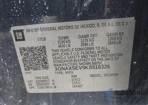 2019 Chevrolet Equinox Ls из США, поврежденный, VIN 3GNAXSEV5KS516325